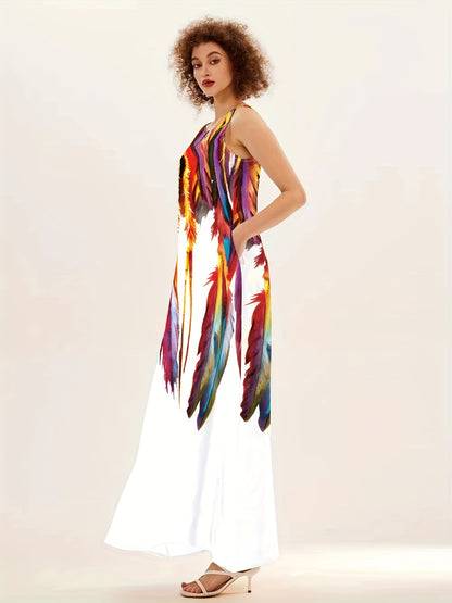 Long printed maxi dress with pockets and v-neck for women