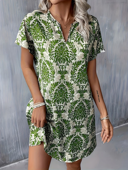 Women's Midi Dress - Short Sleeve V-Neck - Relaxed Fit Casual Floral Print