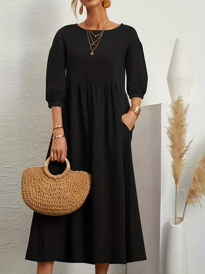 Women's Midi Dress - Empire Waist - Three-Quarter Sleeve - Elegant A-Line Fit