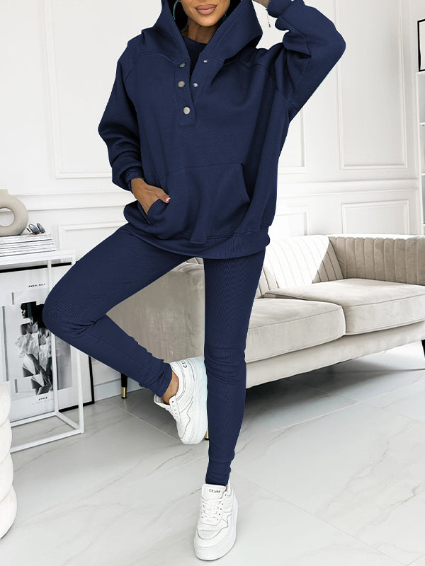 Women's athleisure hooded sweatshirt sleeveless top and leggings three-piece set