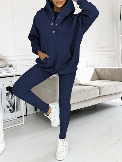 Women's athleisure hooded sweatshirt sleeveless top and leggings three-piece set