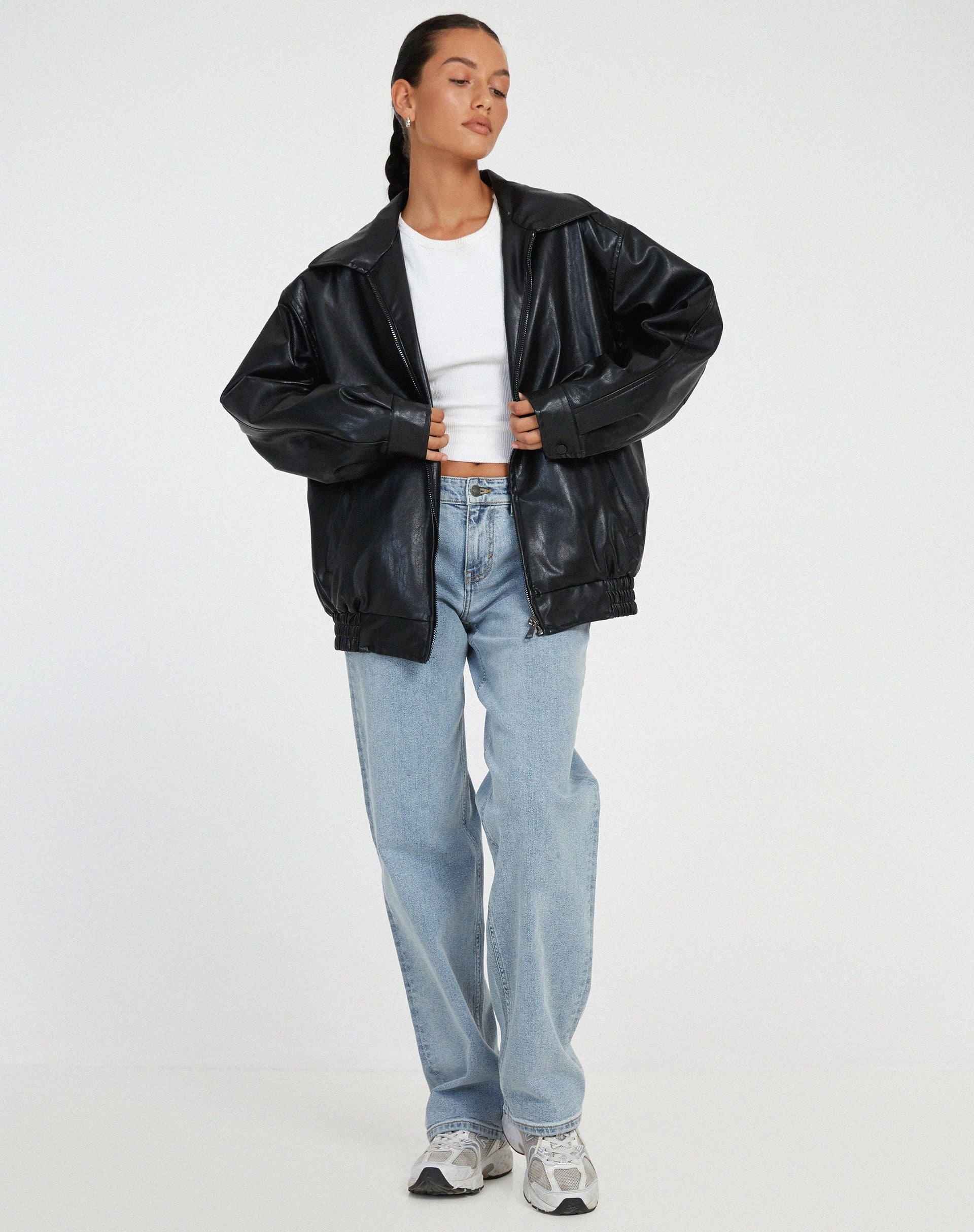Oversized Fit Zipper Leather Jacket 