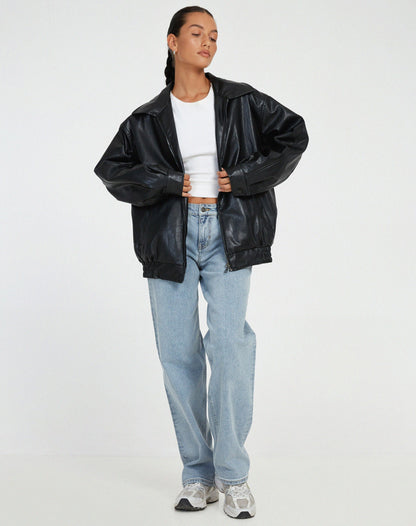 Women’s Leather Jacket – Oversized Fit – Zipper Front – Hip Length – Casual Outerwear
