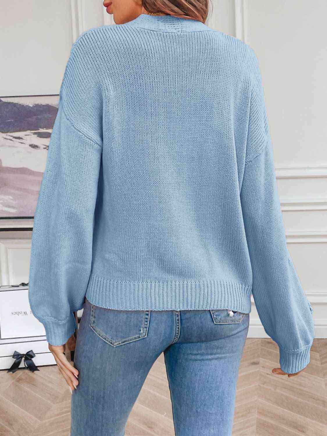 Women's Knit Cardigan - Long Sleeve - Floral Appliqué - Cropped Relaxed Fit