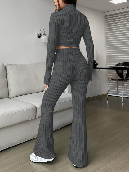 Two-piece ribbed zip-up cropped jacket and flared pants lounge set for women
