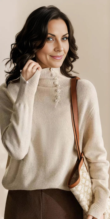 Beige turtleneck sweater with long sleeves for women