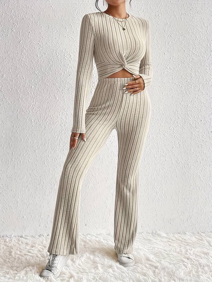 Women’s Knit Set – Ribbed Two-Piece – Long Sleeve Twist Top – High-Waist Flared Pants