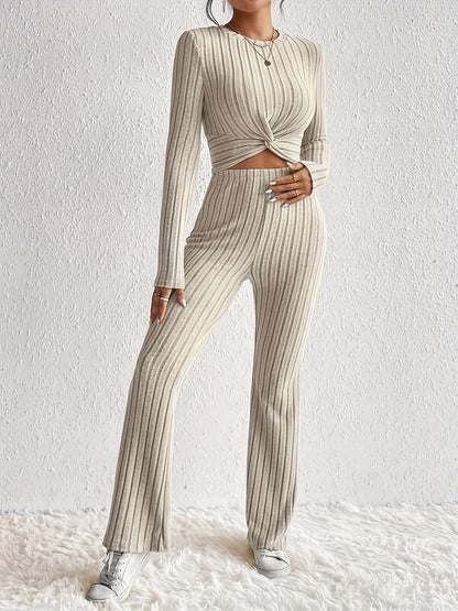 Women’s Knit Set – Ribbed Two-Piece – Long Sleeve Twist Top – High-Waist Flared Pants