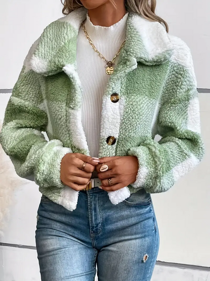 Women's warm checked jacket with wide collar