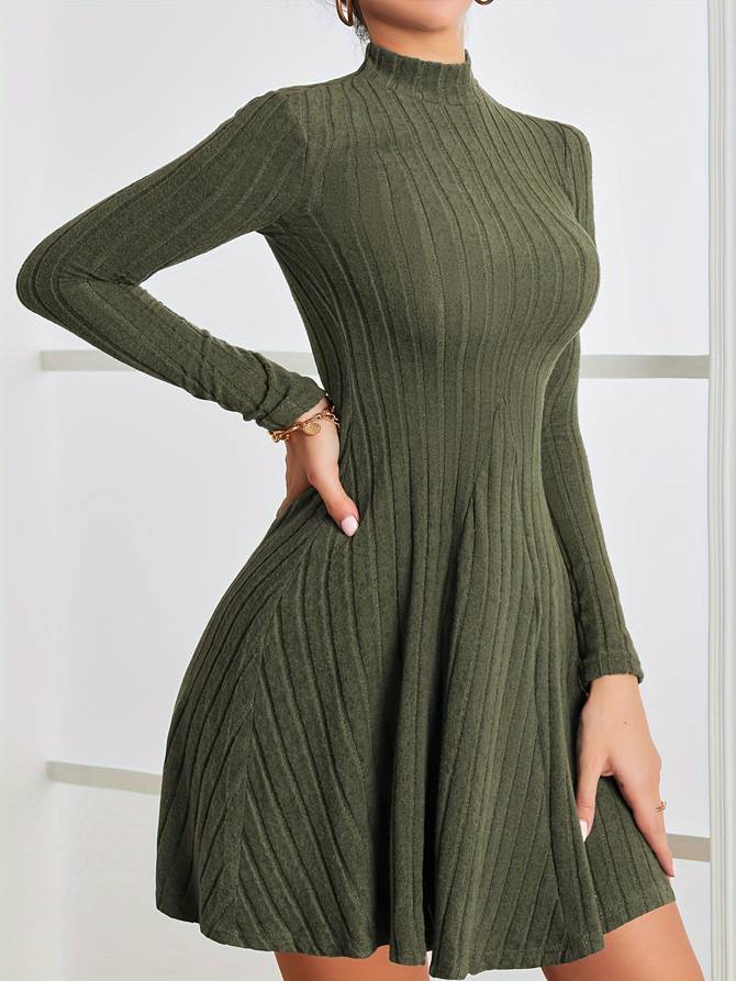 Women's Ribbed Knit Dress - Fit-and-Flare - Long Sleeve Mock Neck Elegant Style