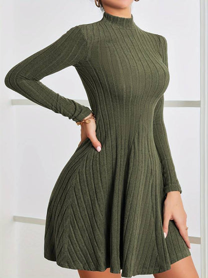 Women's Ribbed Knit Dress - Fit-and-Flare - Long Sleeve Mock Neck Elegant Style