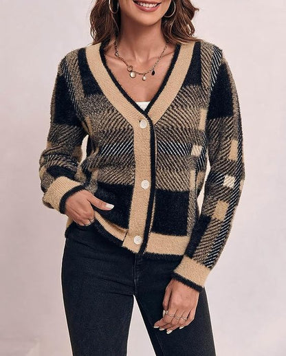 Women’s Cardigan – V-Neck Button Front – Long Sleeve Knit – Geometric Plaid Pattern