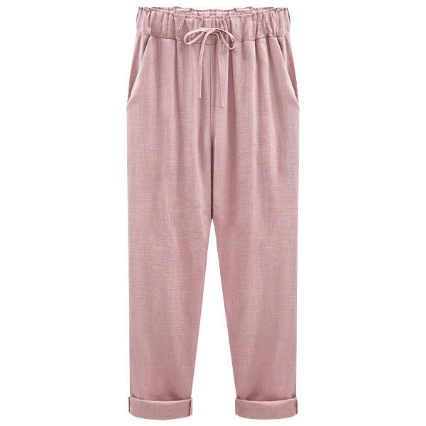 Women's Linen Pants - Loose Fit - Elastic Waist with Drawstring - Cropped Casual Wear