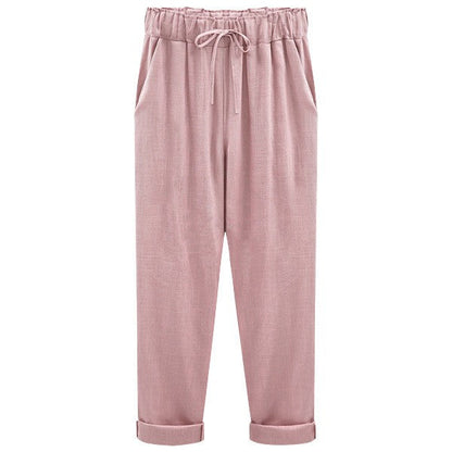 Women's Linen Pants - Loose Fit - Elastic Waist with Drawstring - Cropped Casual Wear