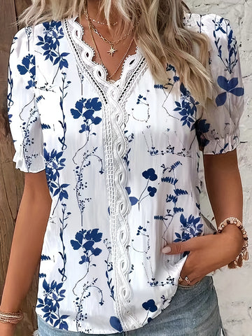 Casual floral v-neck blouse with lace stitching for women