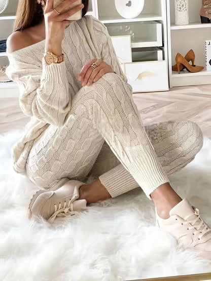 Women’s Lounge Set - Cable Knit - Off Shoulder Sweater - High Waist Tapered Pants