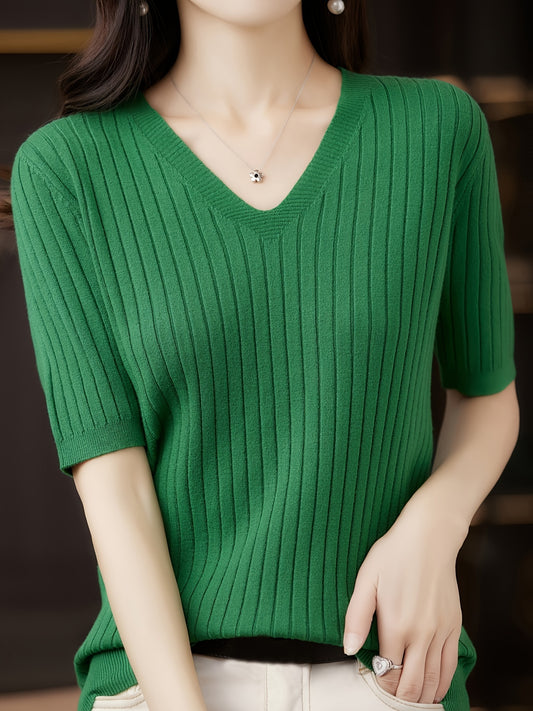 Ribbed Knit Flattering Fit V-Neck Top