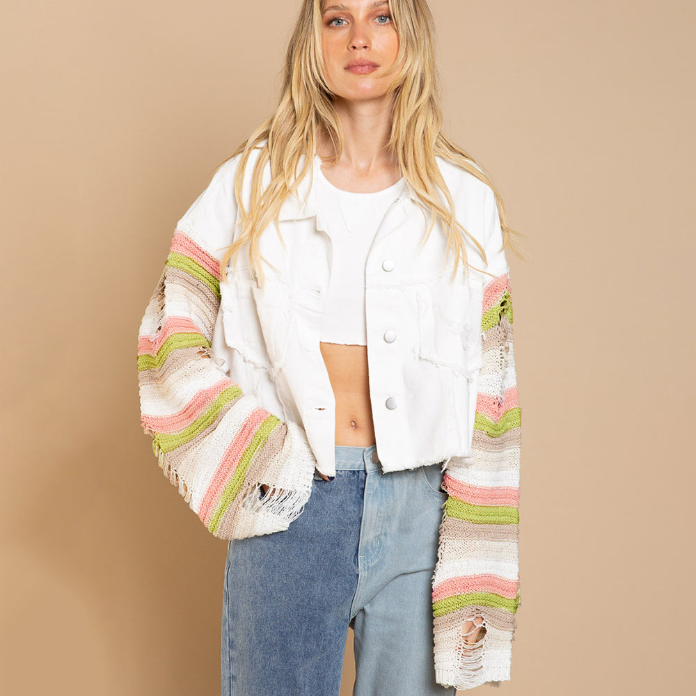 Women's rainbow hole long-sleeved denim knitted jacket