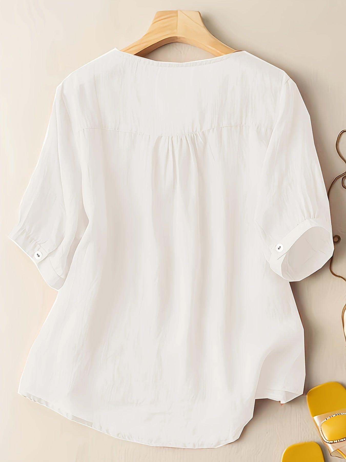 Women's V-Neck Blouse - Embroidered Detail - Short Sleeve - Lightweight & Flowy