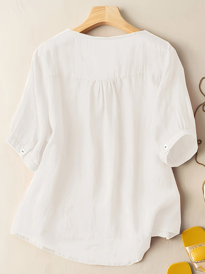 Women's V-Neck Blouse - Embroidered Detail - Short Sleeve - Lightweight & Flowy