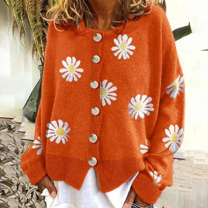 Women's orange embroidered chrysanthemum knit cardigan