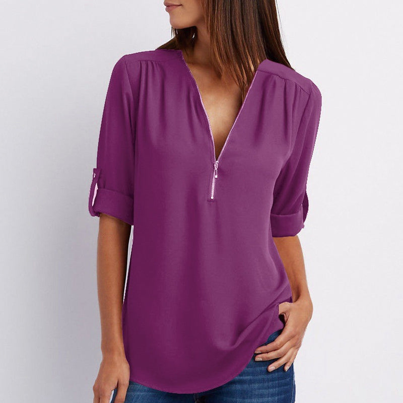 Women's V-Neck Blouse – Flowy Fit – Three-Quarter Roll-Tab Sleeves – Zipper Accent