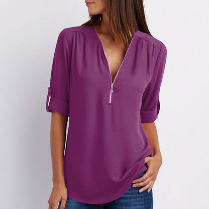 Women's V-Neck Blouse – Flowy Fit – Three-Quarter Roll-Tab Sleeves – Zipper Accent