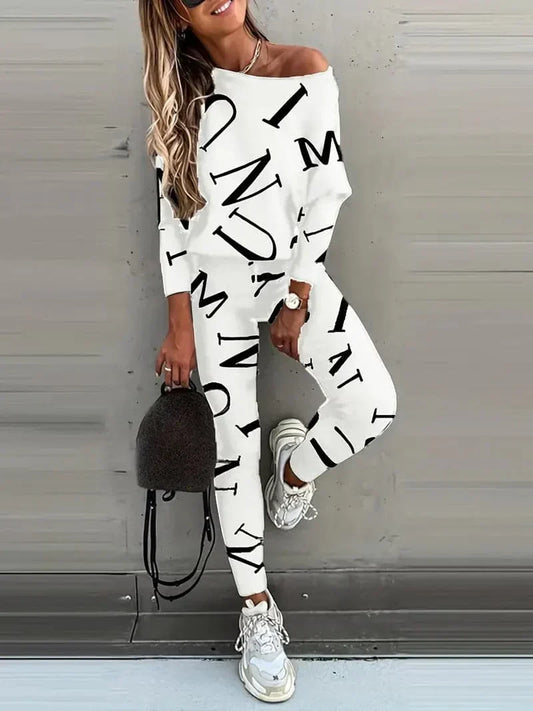 Letter Print Long Sleeve Casual Pants Set