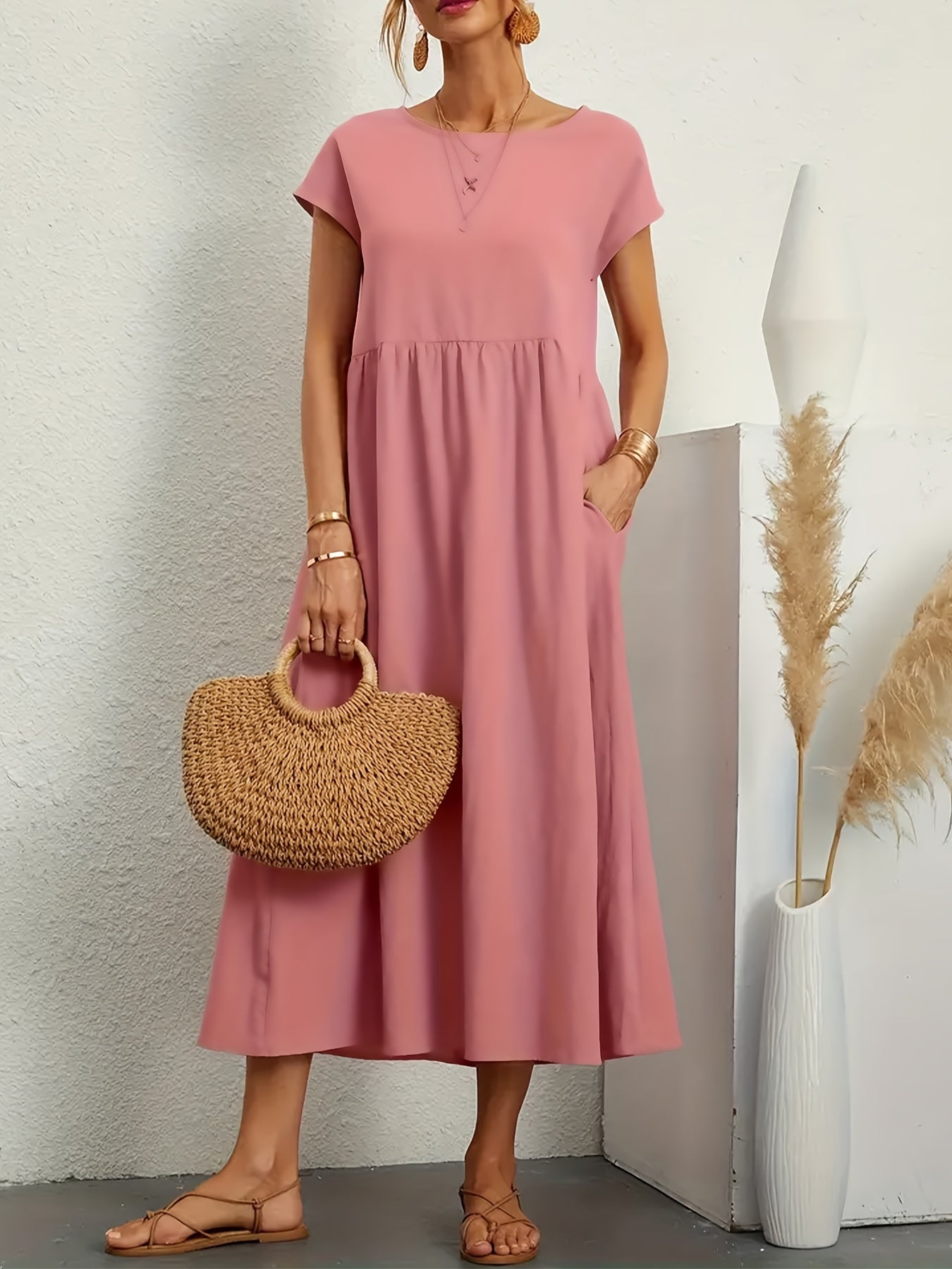 Casual short-sleeve tiered midi dress with pockets for women