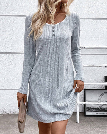 Women's Ribbed Knit Dress - Long Sleeve - Round Neck - Button Detail - A-Line Fit
