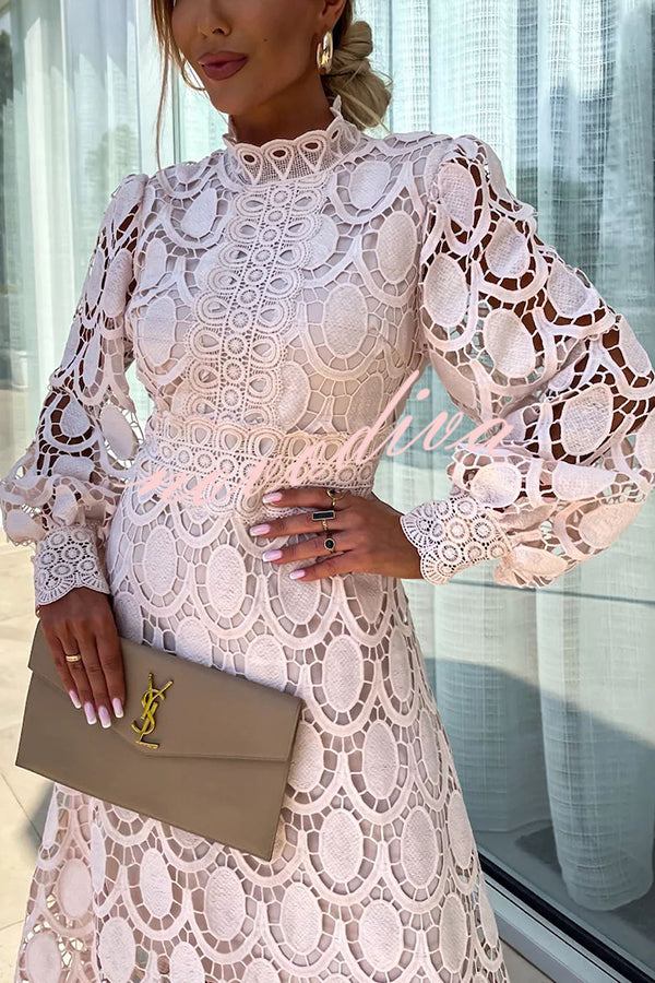 Women's Lace Dress - High Neck - Long Sleeve - Fitted Bodice - Midi Length Elegant Wear