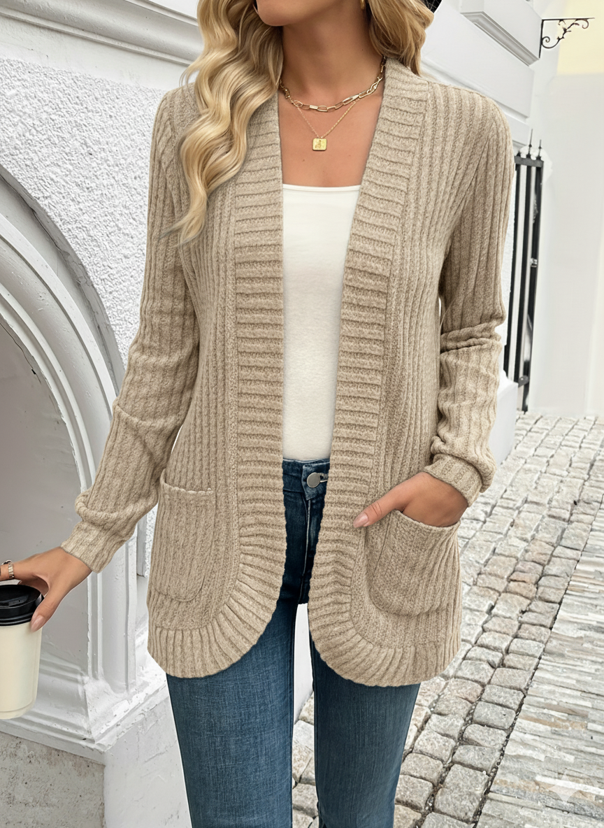 Ribbed Knit Open-Front Long Sleeve Cardigan