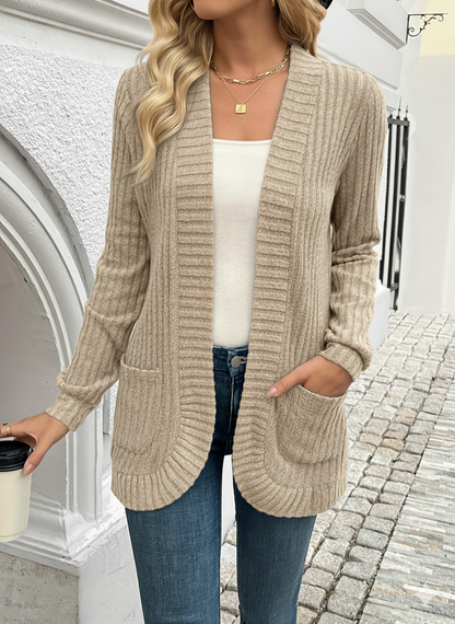 Open-front ribbed knit cardigan with long sleeves for women