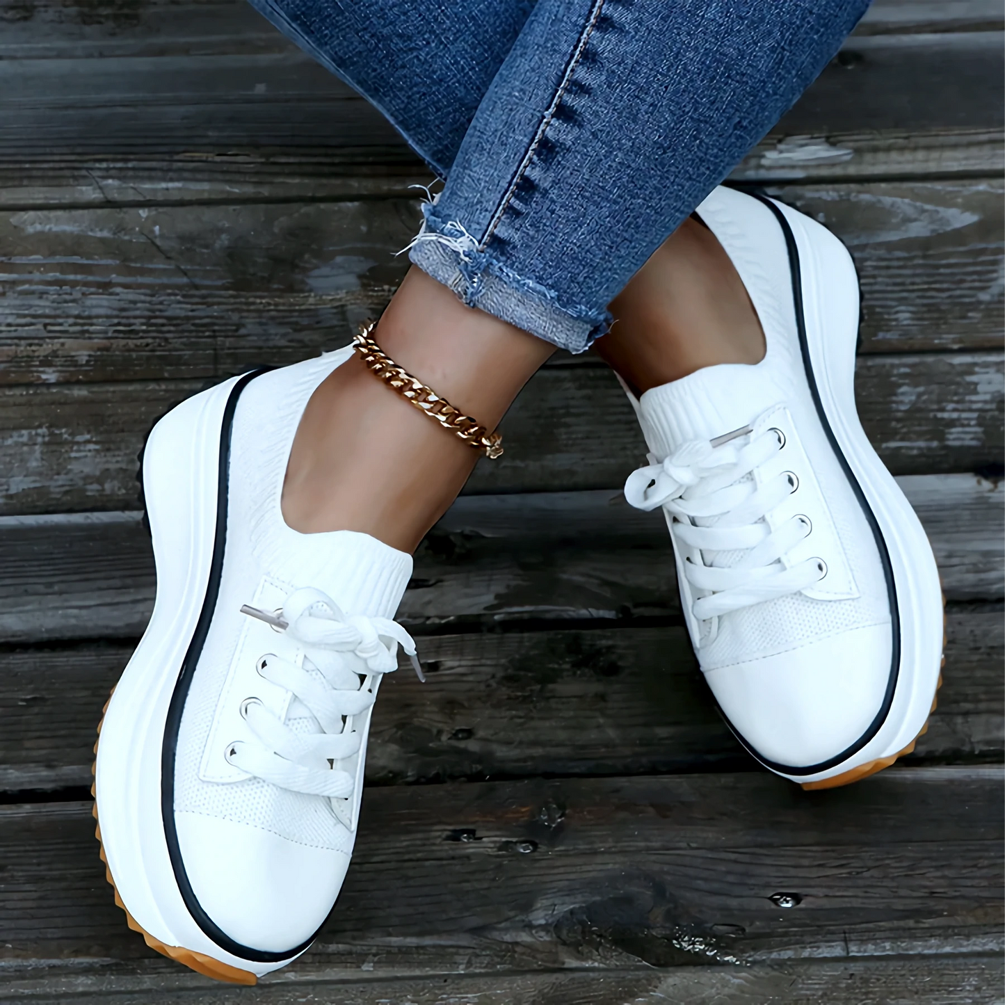 Women’s Sneakers – Soft Knit Upper – Platform Sole – Lace-Up Breathable Fit