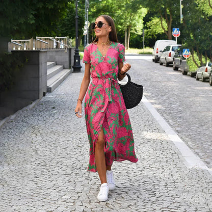 Women's Wrap Dress - V-Neck Short Sleeve - Tie Waist Flowy Midi Maxi