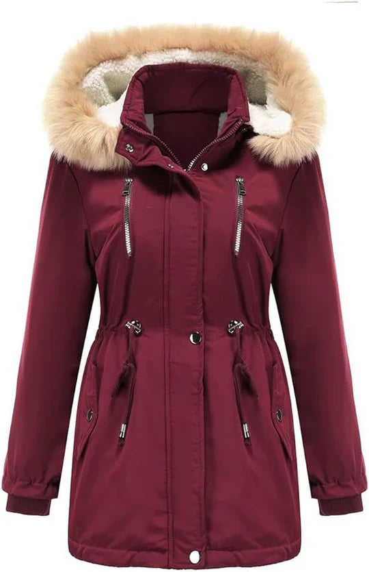 Women's long coat with faux fur hood and fleece lining