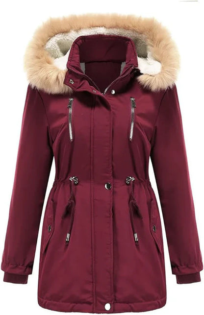 Women's long coat with faux fur hood and fleece lining