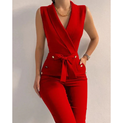 Women's Jumpsuit - Sleeveless V-Neck Wrap - Tie Waist with Button Detail - Straight Leg