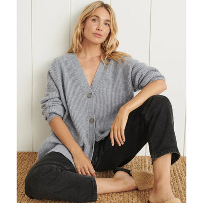 Women’s Long Knit Cardigan – Relaxed Fit – Wool Blend – V-Neck – Ribbed – Button Front