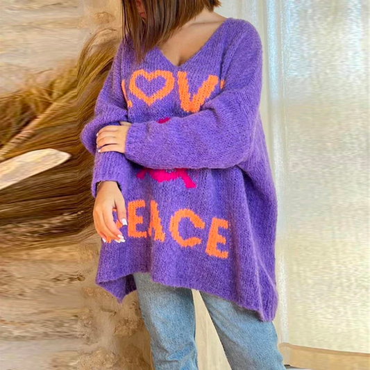 Loose Knit V-Neck Letter Sweater