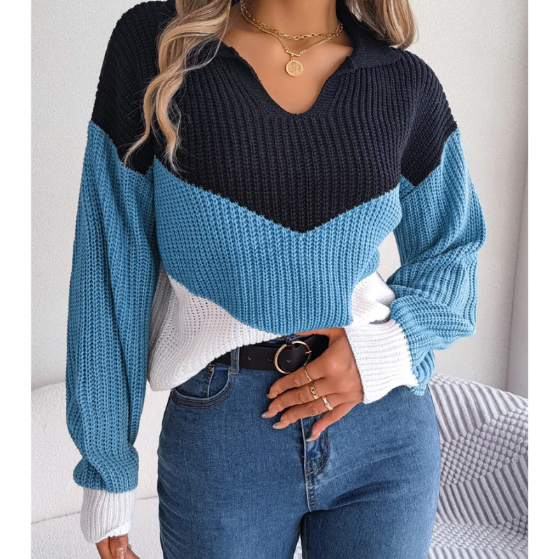 Women's contrast color lapel knitted pullover sweater