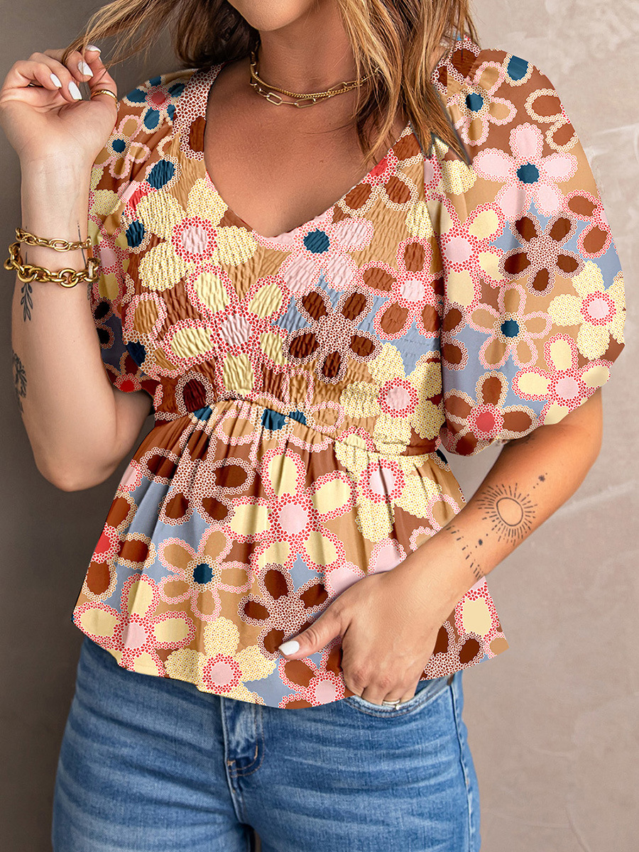 Women's Blouse - V-Neck - Puff Sleeve - Smocked Waist - Floral Print Peplum