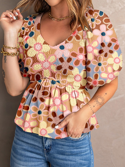 Women's Blouse - V-Neck - Puff Sleeve - Smocked Waist - Floral Print Peplum