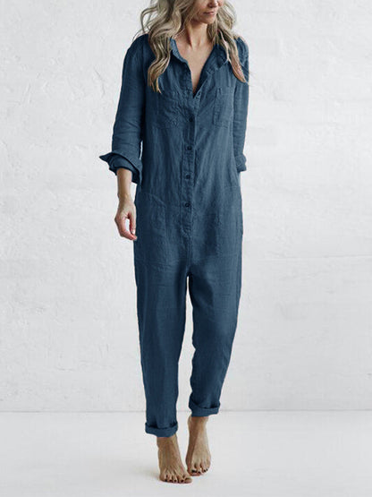 Women's Linen Jumpsuit - Button Down - Relaxed Fit - Long Sleeve - Breathable Fabric