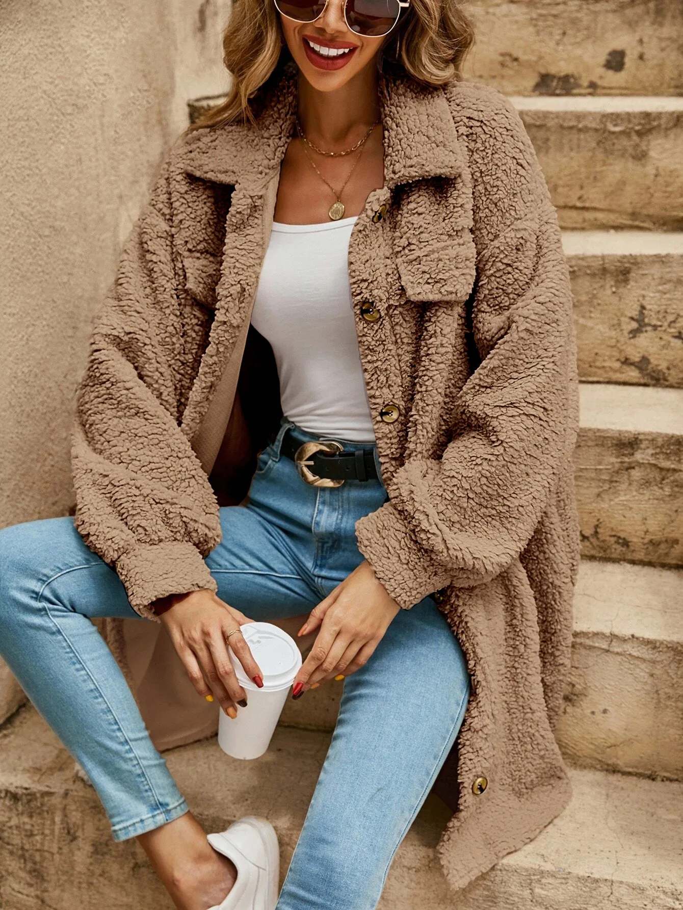 Women’s Teddy Coat - Sherpa Fleece - Oversized Fit - Button Front - Longline Casual Style