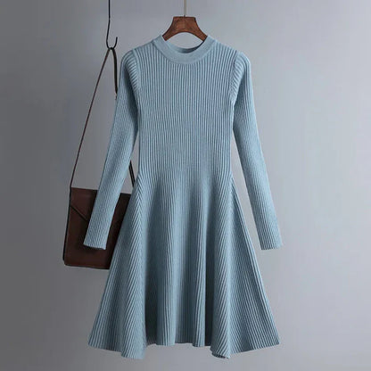 Women's Knitted Ribbed Mini Dress - Long Sleeve - Fitted A-Line Silhouette