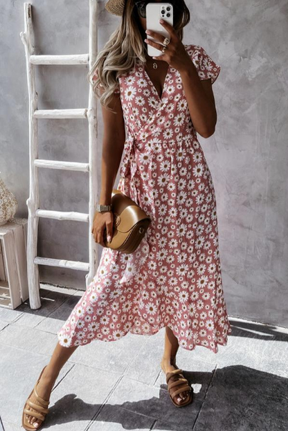 Women's Midi Dress - Floral Print - Short Sleeve - Lightweight Flowy Fit