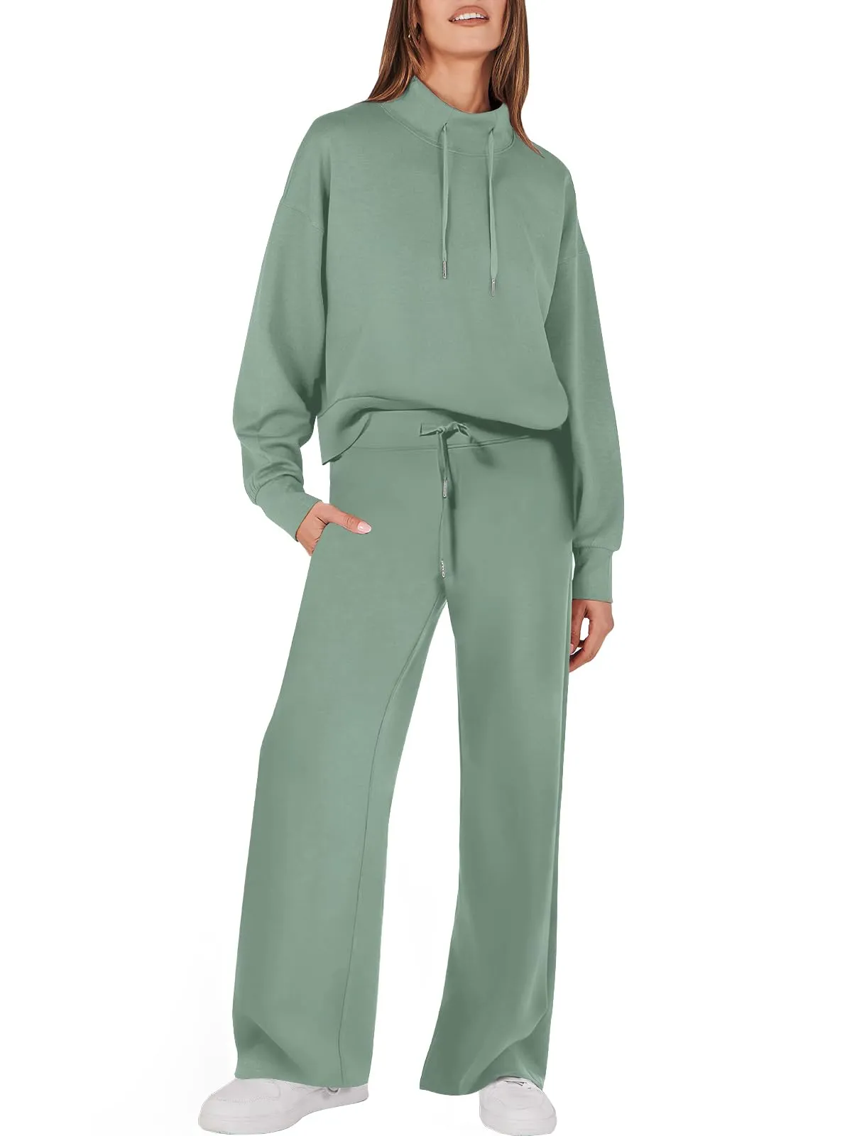 Women's chic mock drawstring sweatshirt and wide leg pants set