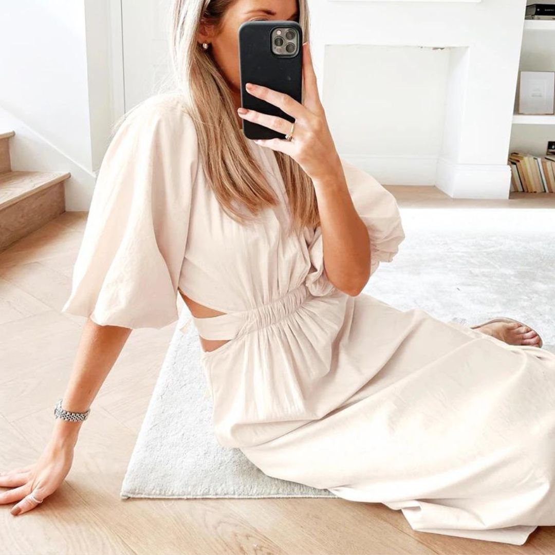 Women's Midi Dress - Puff Sleeve - Cut-Out Waist - A-Line Flowy Silhouette
