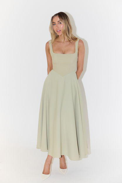 Women’s Midi Dress – Satin Finish – Fitted Bodice – A-Line – Square Neckline